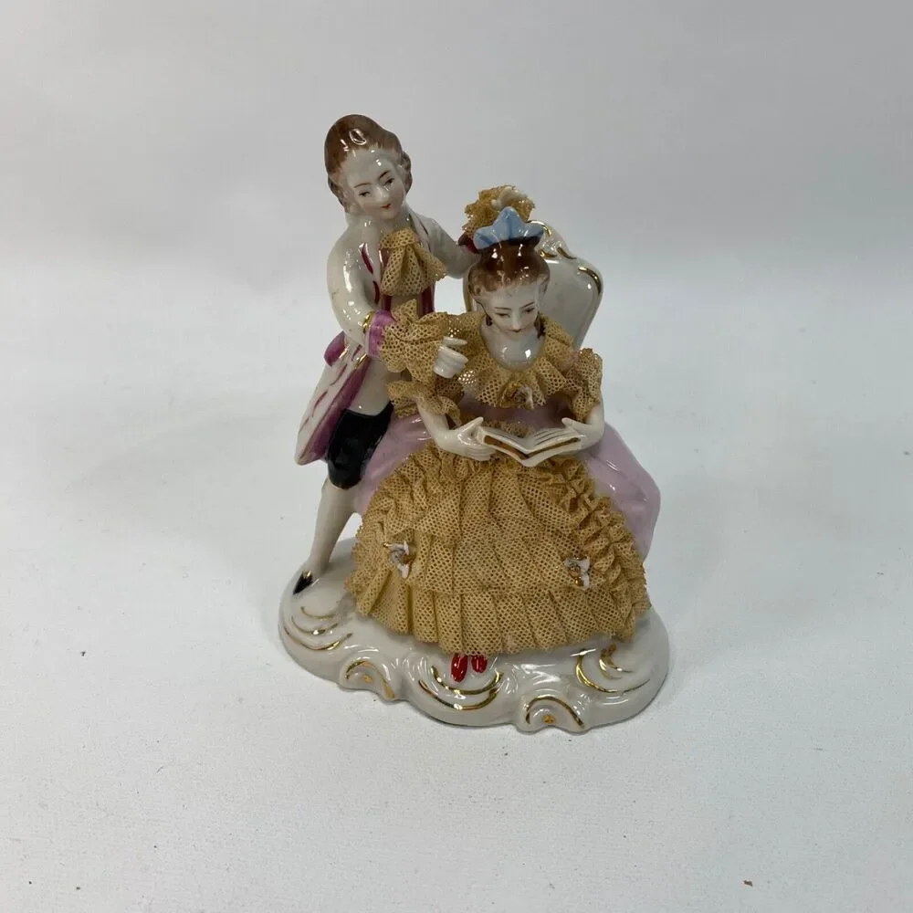 Vintage Lady & GentleMan Porcelain Victorian Figurines Reading Dresden Lace 5